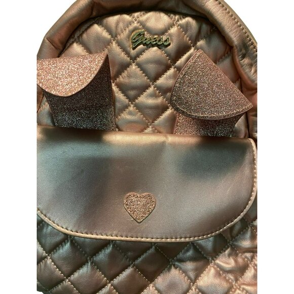 Guess Quilted Metallic Pink Mini Backpack With Glitter Bunny Ears & Pom Pom - Picture 2 of 8